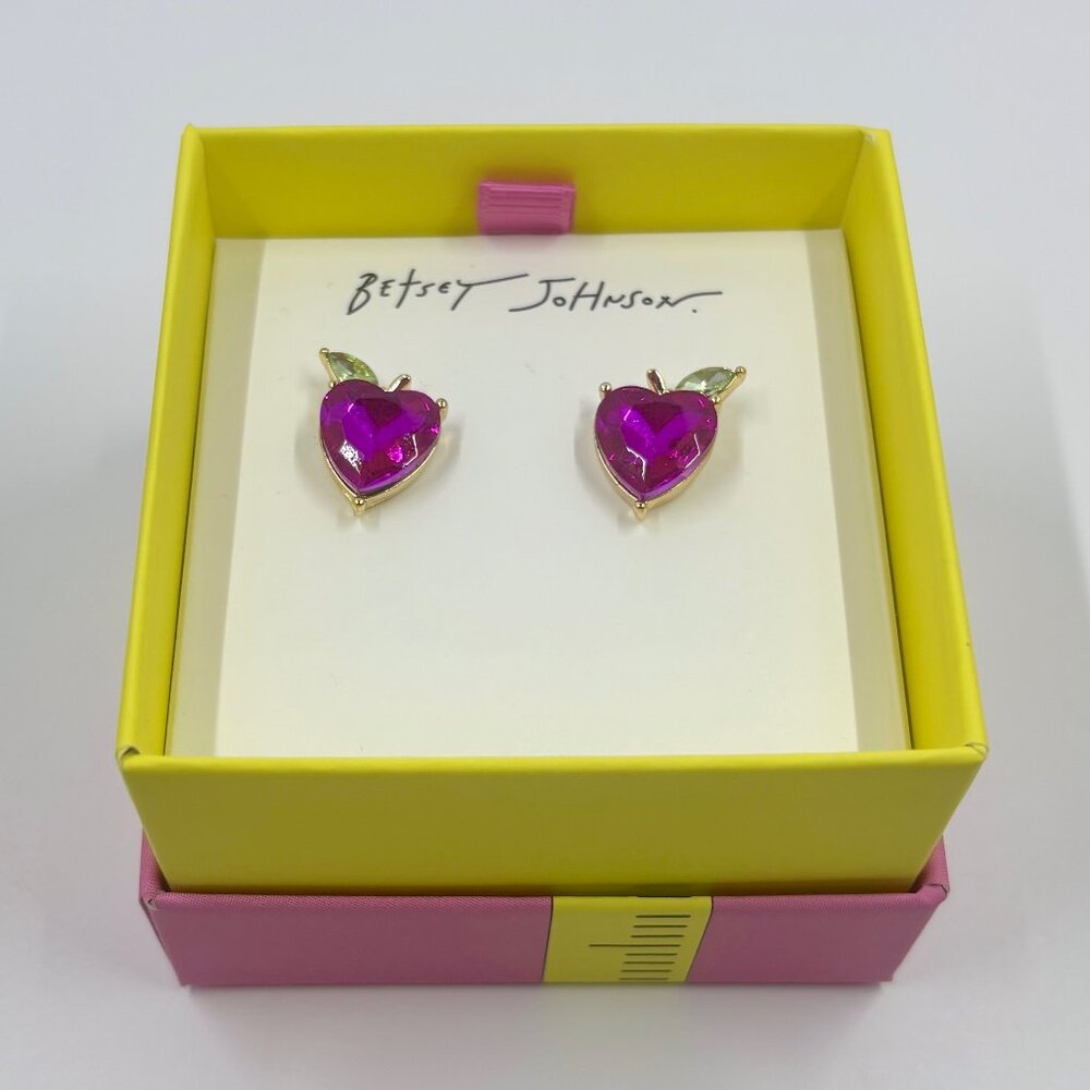 NWT Betsey Johnson APPLE STUD EARRING PINK DIAMOND Heart Teacher Jewelry School